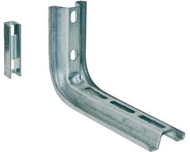 Wibe Omega SO-400 FZS galvaniseret vægkonsol, vist med en separat fastgørelsesklemme på en hvid baggrund.