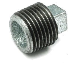 Unico galvaniseret prop med 1/8" gevind på hvid baggrund, der viser den koniske ydre gevind og firkantede ende.