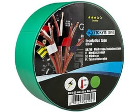 Stokvis pvc isoleringstape i grøn, 25mm x 20m, med illustration af isolerede elektriske ledninger og temperaturinterval.