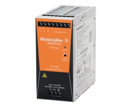 Weidmüller PROmax strømforsyning, 240W, 48VDC, 5A, vist fra siden med detaljeret mærkning og godkendelsesmærker.