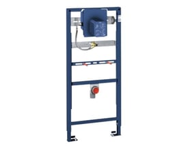 Grohe Rapid SL urinal-installationsramme i blå metal, vist med Tectron elektronikboks og monteringsdele.