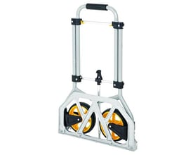 Sammenklappelig Ironside sækkevogn i stål og aluminium, foldet sammen med sorte og gule hjul.