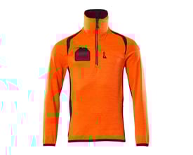 Mascot fleecetrøje 19303 i Hi-Vis orange og mørk marine med høj krave, kort lynlås og brystlomme med lynlås.