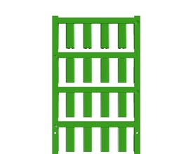Grønt kabelmærkesystem fra Weidmüller set forfra med rækker af smalle, lodrette mærker i en ramme.