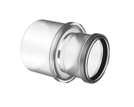 Detaljeret billede af Bosch reduktionsstykke i hvid plast, der viser overgangen fra DN110 til DN80 mm diameter.