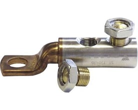 Nærbillede af Elpress Al/Cu kabelsko med M10+M12 bolte, viser den præcise udformning af skruerne og siden af kabelskoen.