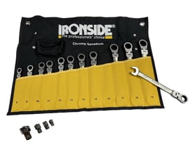 Ironside ringskraldenøglesæt med leddelte hoveder, 16 dele i en åben sort og gul værktøjsrulle.