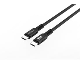Sort MicroConnect USB-C-kabel i blød silikone med stik i begge ender, 5 meters længde, 20 Gbps og 100 W.