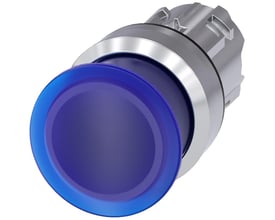 Siemens oplyst paddetrykknap i højglans blå metal med 22mm diameter og 30mm aktuator, vist på hvid baggrund.