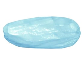 Blå ærmebeskyttelse i plast fra Activewear, 40 cm lang, vist sammenfoldet med åbningen vendt opad.