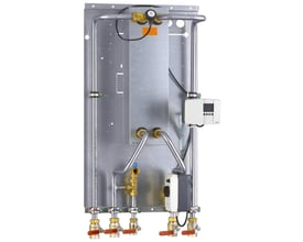 Detaljeret billede af bagpanelet på Metro Therm VRT Type 2, der viser komponenter som Danfoss styringsenhed og ventiler.