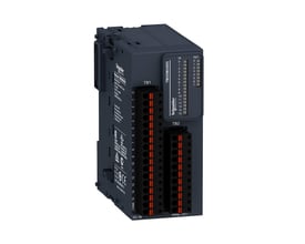 Schneider Electric TM3 modul DI16 DO8 med fjederklemme set fra siden, tydeligt mærkat og indgangs/udgangsmarkeringer.