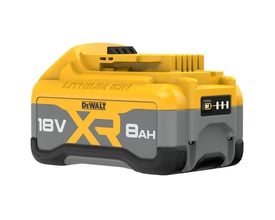 DeWalt XR TABLESS 18V 8.0 Ah lithium-ion batteri med tydelig branding og kapacitetsindikator på grå baggrund.