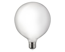 Opal globe LED-pære med E27-fatning, 125 mm i diameter, vist på hvid baggrund.