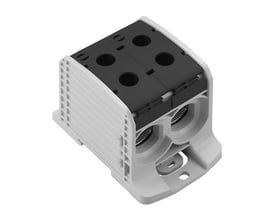 Weidmüller WPD 232 2X185/2X185 BK fordelerklemme i grå Wemid med sort cover og skrueterminaler.