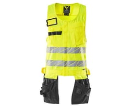Mascot Hi-Vis værktøjsvest i gul og sort, str. L, med reflekser, aftagelig ID-kortholder og hængelommer foran.