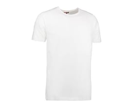 ID Identity Stretch T-shirt i hvid bomuldskvalitet med rund hals og smal rib på hvid baggrund, størrelse L.