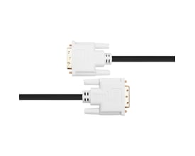 Deltaco DVI-D dual link-kabel på 3 meter i sort, vist med begge hvide stik og deres fastgørelsesskruer.