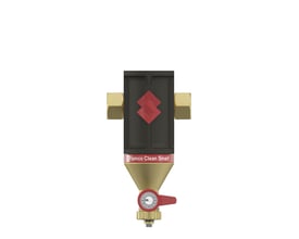 Flamco Clean Smart smudsudskiller i messing med 3/4" muffe og rød aftapningsventil på hvid baggrund.