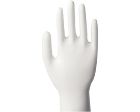 Abena engangshandske i hvid vinyl, upudret, størrelse L, med glat overflade og rullekant på en hvid baggrund.