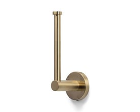 Elegant reservepapirholder i børstet guldmetal, designet til vægmontering og med plads til ekstra toiletpapirruller.