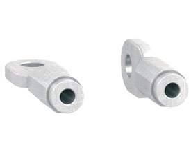 To ensfarvede metalstik til bagforbindelse fra Schneider Electric, vist fra forskellige vinkler med tydelig gevindtilslutning.