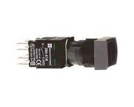 Schneider Electric lampetryk XB6DA22B med sort rektangulært tryk og Ø16 mm frontring, vist med loddepin-stik. Kontrolpanelelement med tydelig mærkning.