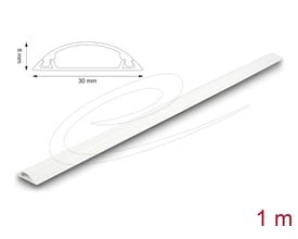 DeLock selvklæbende hvid kabelkanal på 1 meter set skråt med målskitse, der viser et tværsnit på 30 x 8 mm.