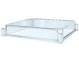 Schneider Electric transparent polycarbonatlåg til Thalassa modulbokse, 180x270x45mm, set fra siden med synlige fastgørelsesøjer.