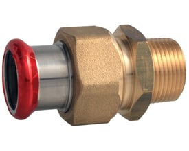 Unico forzinket union med messingomløber, 22mm pressmuffe og 3/4" udvendigt gevind. Produktet har en rød beskyttelsesring.