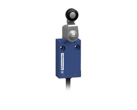 Telemecanique Sensors XCMH2115LA1 endestopkontakt med blåt hus, sort rullearm og kabel, set forfra.