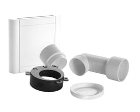 Nilfisk hvid sugekontakt med hvide og sorte fittings, viser alle dele til installation.