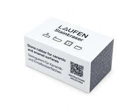Laufen sanitetsviskelæderet ses som en rektangulær blok med hvid, trykt overside og grå, ru endeflade.
