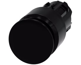 Siemens 30mm sort paddehattrykknap med en rund, stor aktuator og låsemekanisme, vist isoleret på hvid baggrund.