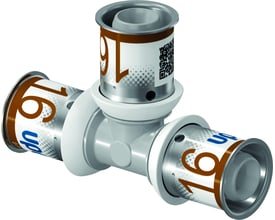 Uponor S-Press t-stykke til alupex-rør med tre 20mm preskoblinger i hvid PPSU materiale.