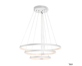 Hvid SLV ONE TRIPLE DALI LED-pendel med tre lysende ringe ophængt i wirer fra en rund baldakin.