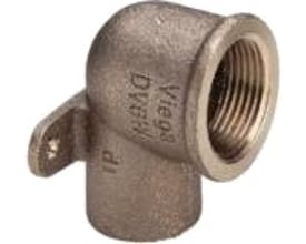 Viega lodde dækvinkel 90° med 18 mm kobbermuffe og ½" indvendigt gevind, fremstillet i rødgods med 3 fastgørelseslapper.