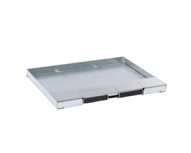 Legrand gulvboks låg i rustfrit stål til 12/18 moduler, 15mm belægning, vist isoleret på hvid baggrund.