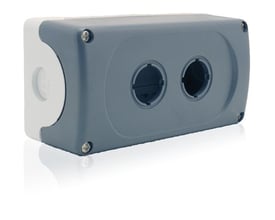 ABB MEP2-0 kapsling til trykknap i grå/lysgrå plast med to huller, isoleret med en reflekterende baggrund.