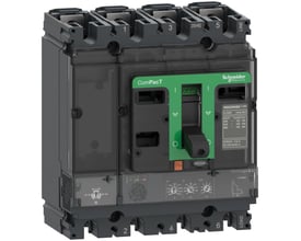 Detaljeret frontbillede af Schneider Electric NSX100F 4P maksimalafbryder med grønt betjeningshåndtag og MicroLogic 2.2 display.