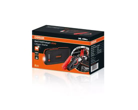 Emballagen til OSRAM BATTERYstart 200 viser startboosteren med powerbank og startkabler.