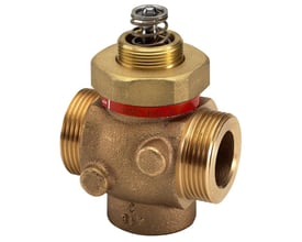 Nærbillede af Danfoss Vm2-50 2-vejs sædeventil, viser detaljer om messingkonstruktionen og tilslutningsgevindet.