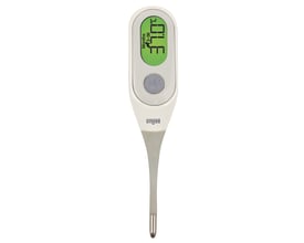 Nærbillede af Braun Age Precision digitalt termometer PRT 2000, viser det grønne display med temperatur og aldersindstilling.