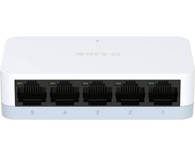 Hvid D-Link DES-1005C Fast Ethernet-switch med fem sorte netværksporte, set forfra.