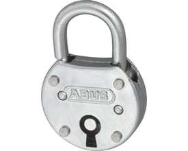 ABUS 465Z/50 enslukkende hængelås i blankt metal med præget logo og nøglehul på forsiden.