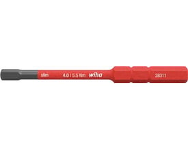 Enkelt Wiha slimbit VDE 1000V sekskant 4 mm x 75 mm, med mærkning af størrelse og brand på rødt skaft.