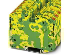 Phoenix Contact jordklemme ptpower 35-PE i grøn/gul, med Power-Turn tilslutning og NS 35/15 montering.