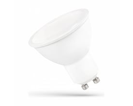 SpectrumLED GU10 LED-pære på 10 W med matteret, hvid front og to metalstifter i fatningen.