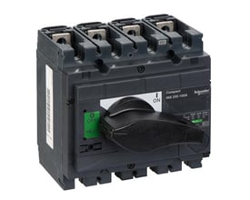 Schneider Electric Interpact INS250 lastadskiller, 4-polet, 100A, mørkegrå med sort håndtag og grøn 'OFF' mærkat.
