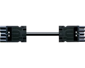 Nærbillede af Wieland GST18i5 mellemkabel, viser detaljer på de 5-polede han/hun-stik og 1,5mm² sorte kabelender.